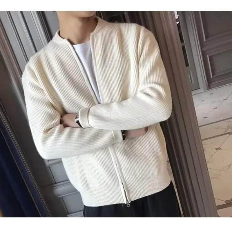 Men’s Autumn/Winter Solid-Color Knit Zip Cardigan — Casual Thick Crew-Neck Sweater (M–3XL)