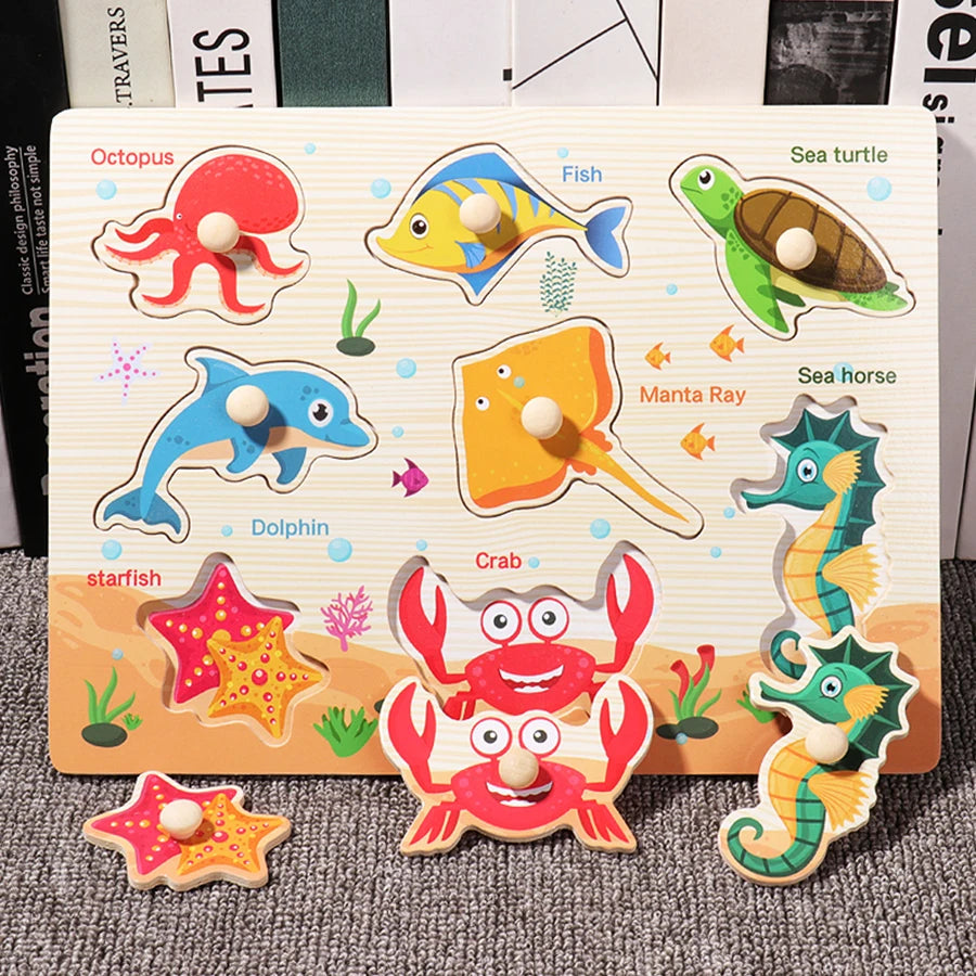 Montessori Wooden 3D Puzzle with Fruits and Animals – Educational Toy for Kids