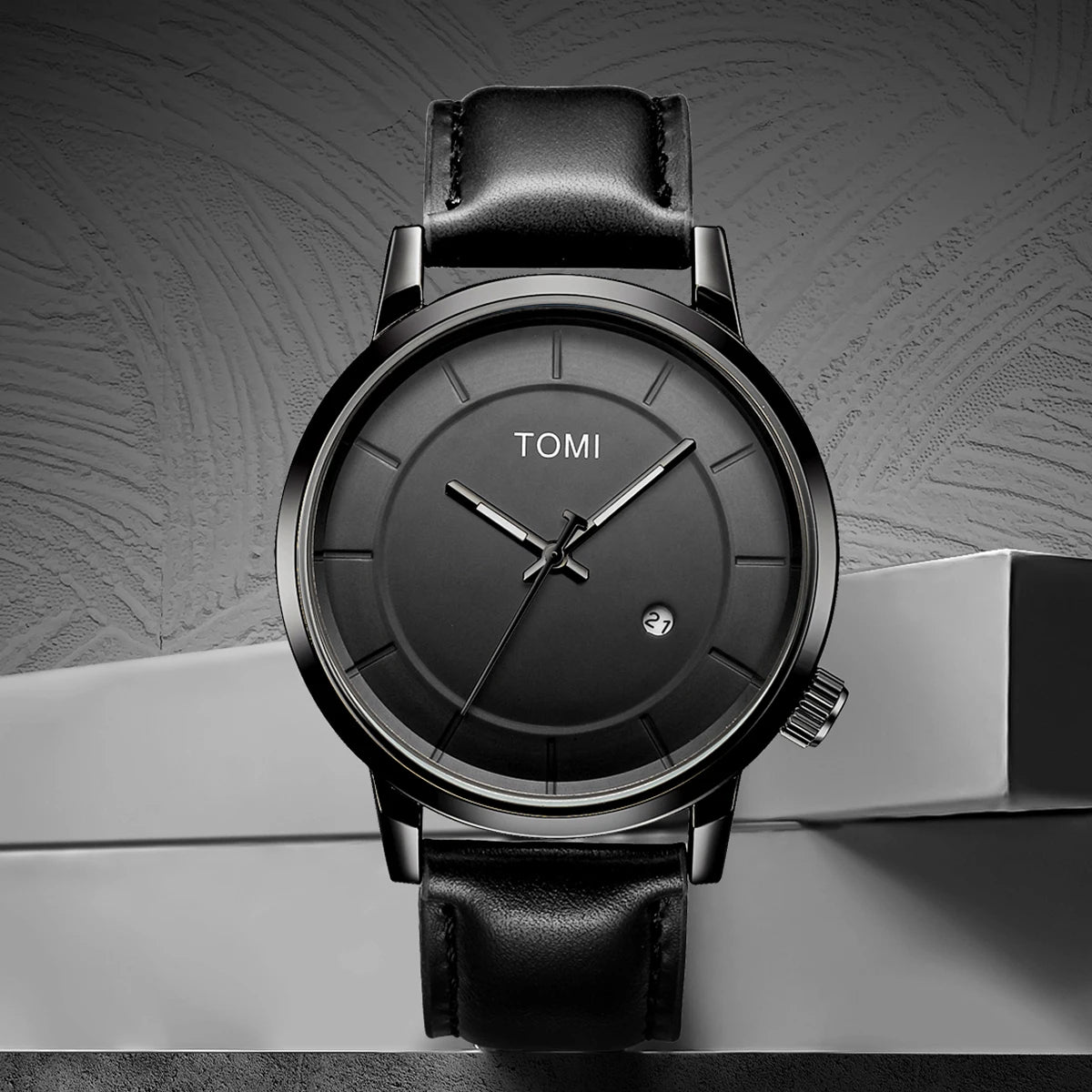 TOMI Minimal Black Dial Leather Quartz Watch