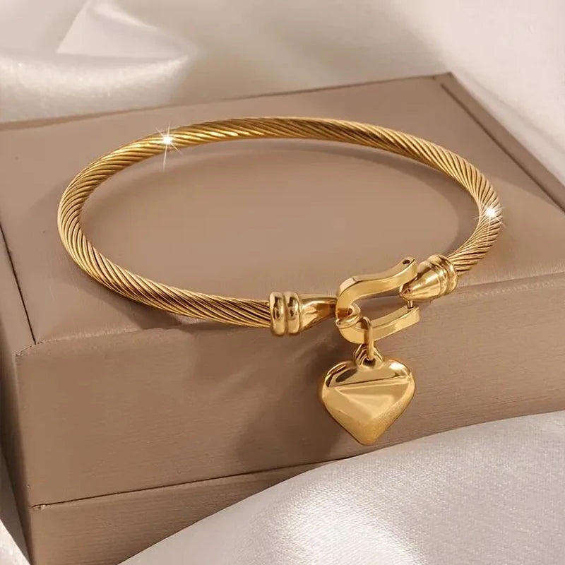 Gold Stainless Steel Bangle Bracelet – Heart Pendant, Luxury Unisex Jewelry