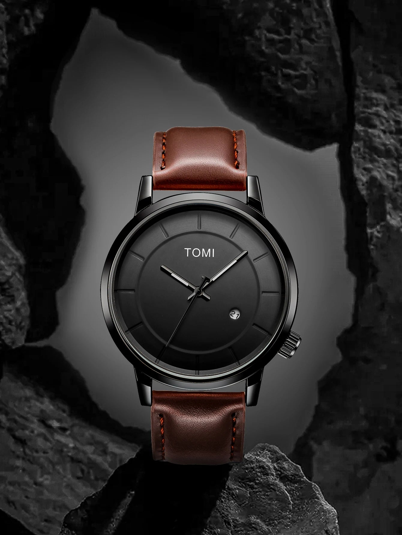TOMI Minimal Black Dial Leather Quartz Watch
