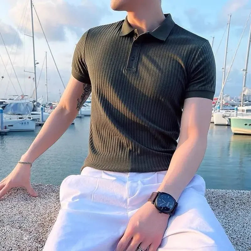 Men’s Ice-Silk Half-Sleeve Polo – Ribbed Knit, Smart-Casual Lapel, Lightweight Summer