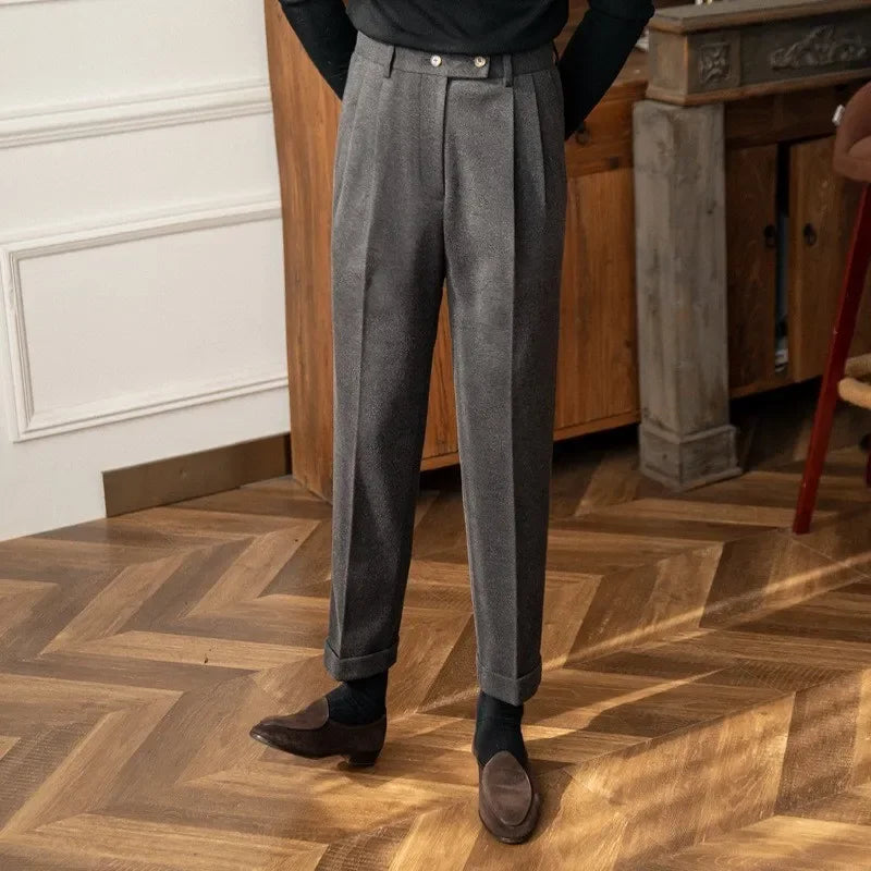 Autumn/Winter High-Waisted Wool Blend Casual Trousers for Men