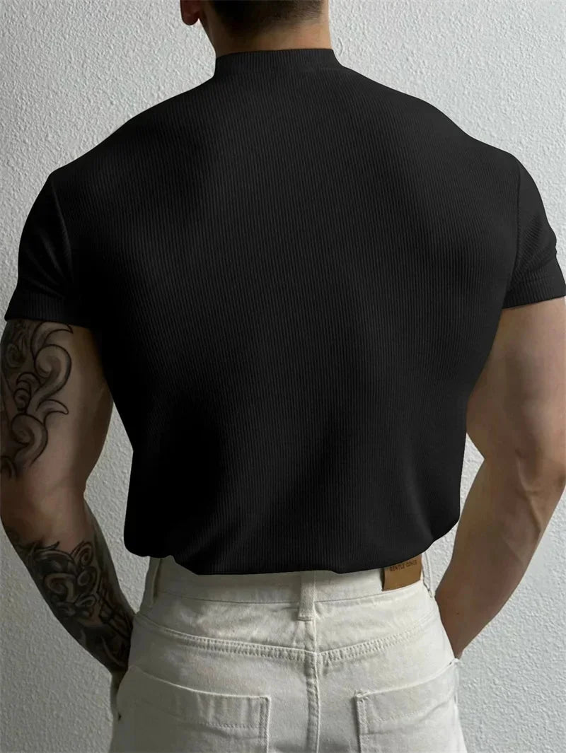 Men’s Quick-Dry Ribbed High-Collar T-Shirt — Breathable Knit, Short Sleeve