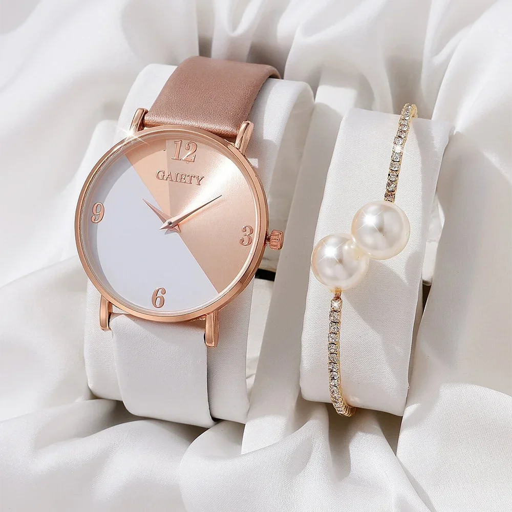Women's Luxury Quartz Watch Set – PU Leather Strap with Bracelet, Elegant and Fashionable