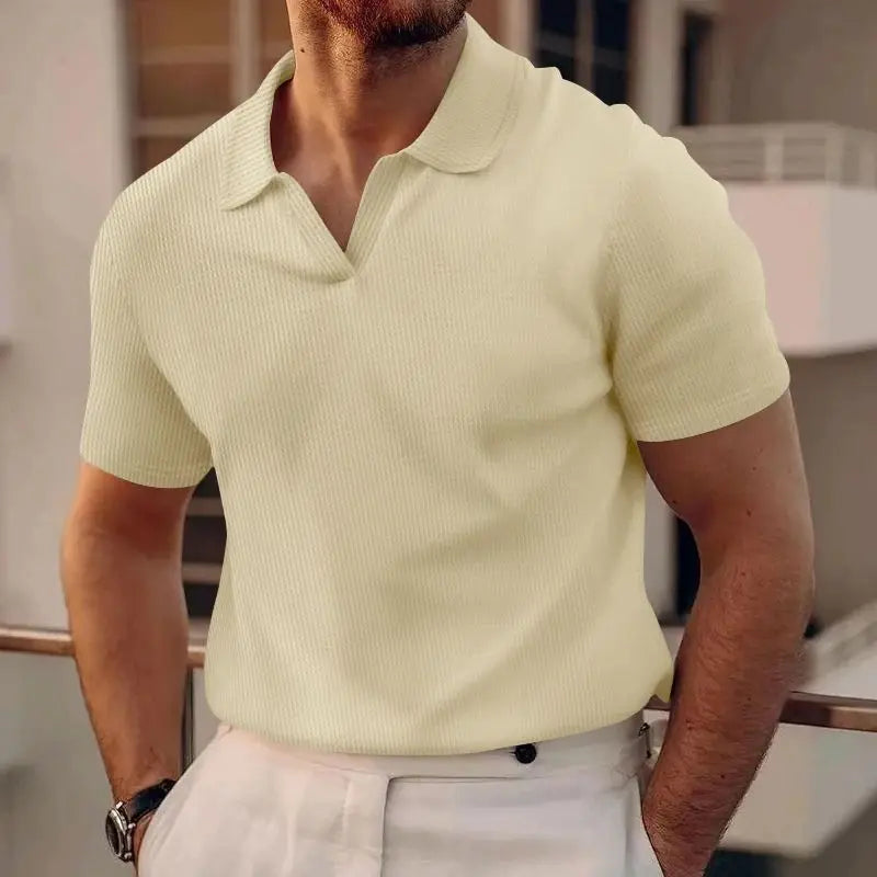 Men’s Short-Sleeve Patchwork Knit Shirt – Turn-Down Collar, Slim Fit, Breathable Business Style