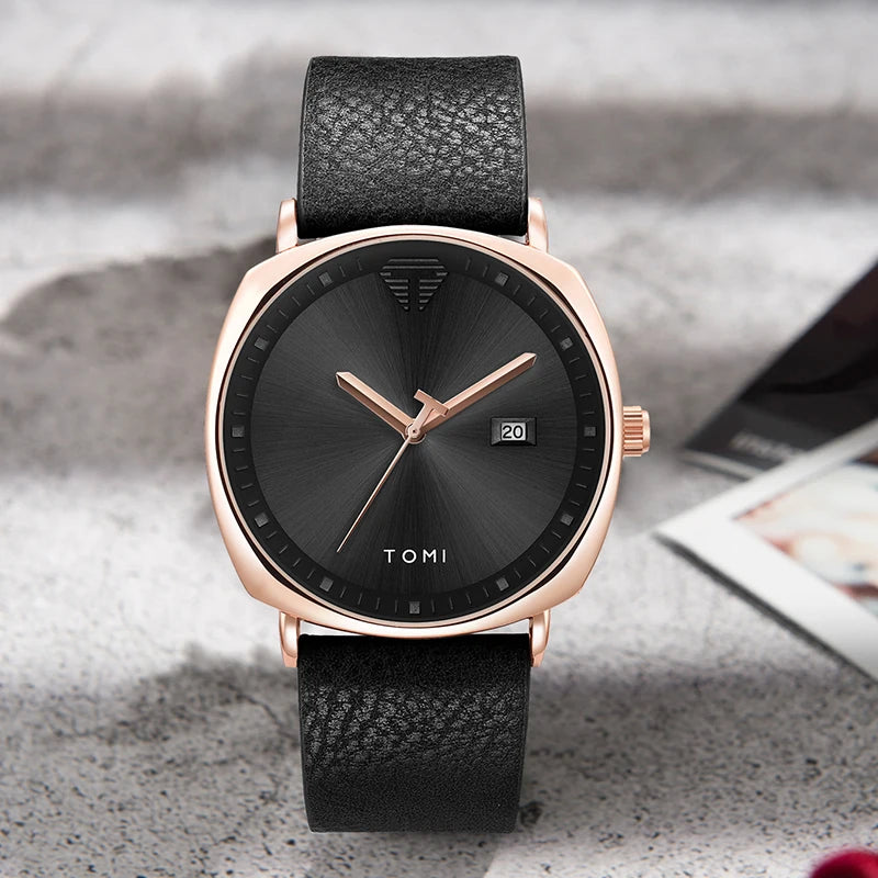 TOMI Minimalist Numberless Quartz Watch with Round Case and Brown PU Strap