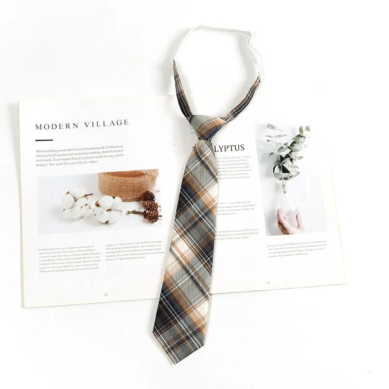 Pre-tied “Lazy” JK-Preppy Neck Tie for Women – Adjustable Clip/Elastic, Vintage Plaids & Stripes