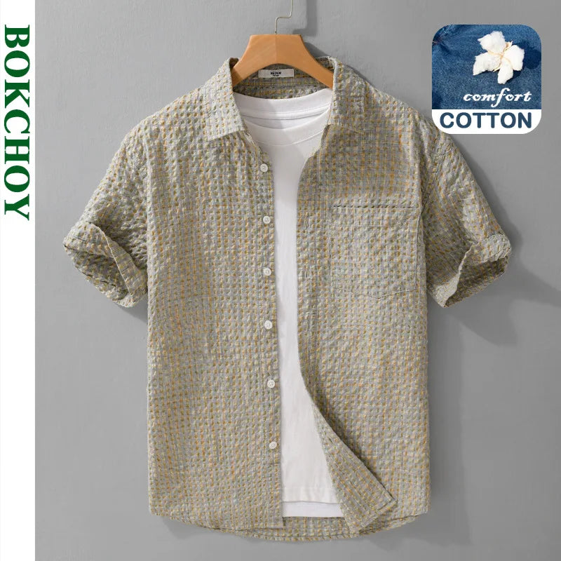 Men’s Bubble-Yarn Checkered Short-Sleeve Shirt – Slim Fit, Full-Button, Turn-Down Collar