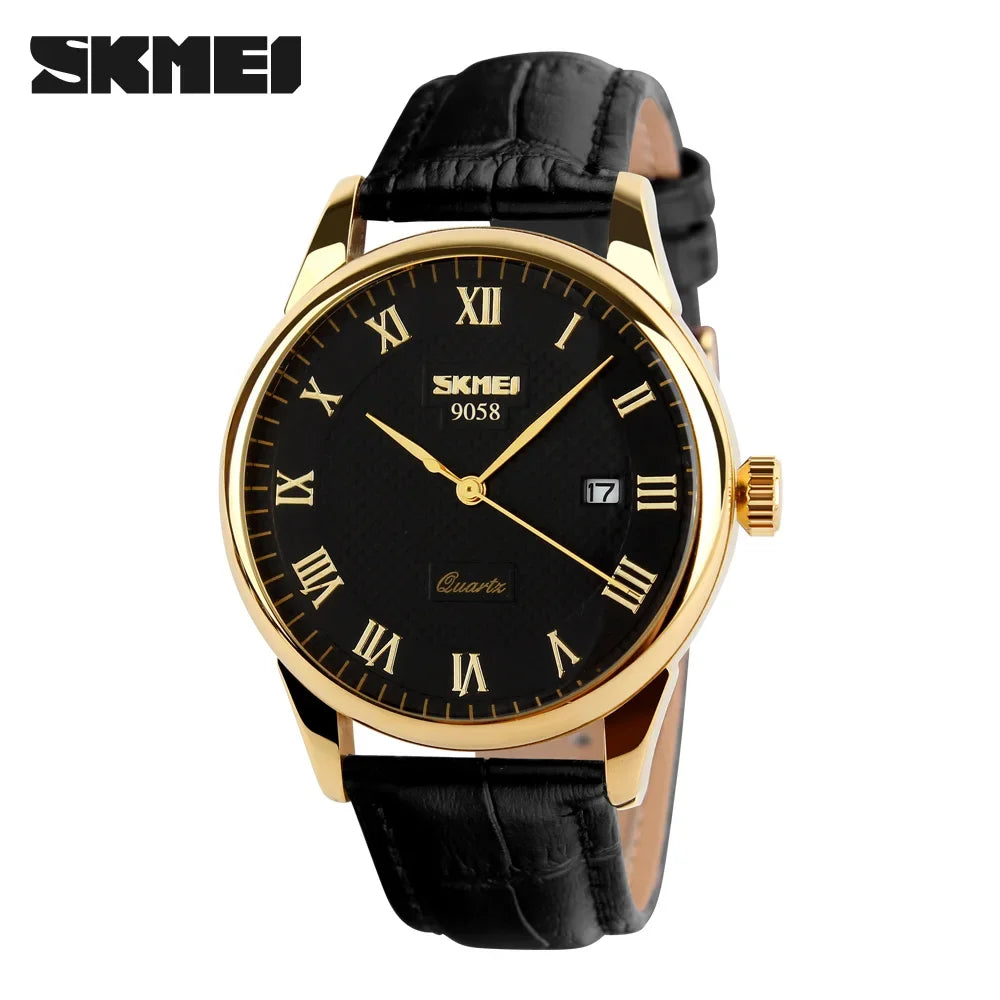 Classic Gold-Tone Leather Strap Quartz Dress Watch by SKMEI 9058