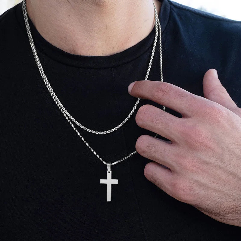 Water-Resistant Stainless Steel Cross Pendant Necklace with Rope or Box Chain