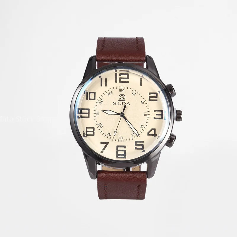 Vintage-Style Arabic Numeral Quartz Watch with Leather Strap, 10 mm Case