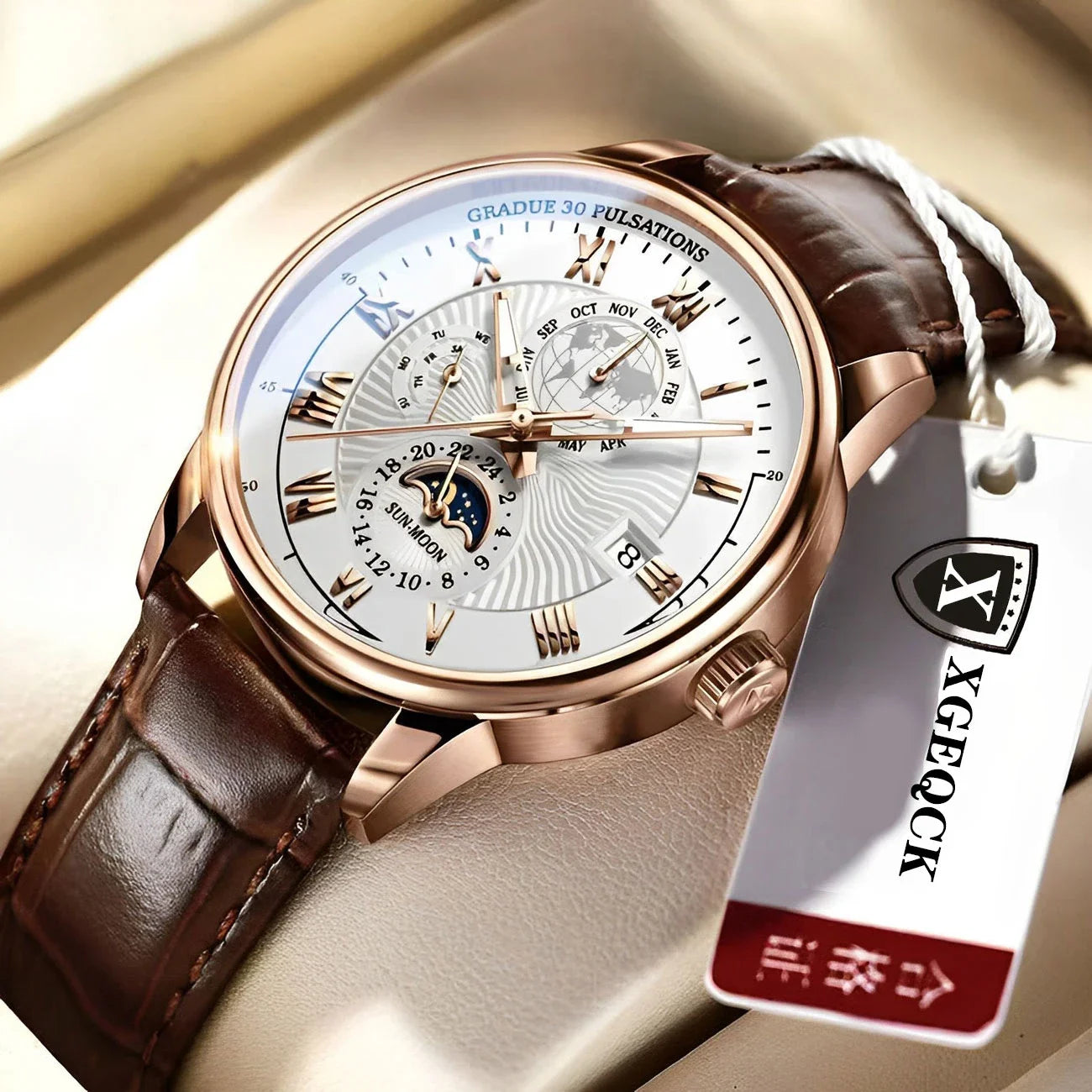 Luminous Multi-Subdial Quartz Dress Watch with Leather Strap, Round Case