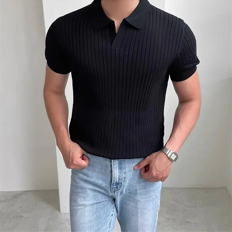 Men’s Slim Fit Polo Shirt – Ice Silk Knit, Vertical Stripes, Casual/Business Short Sleeve