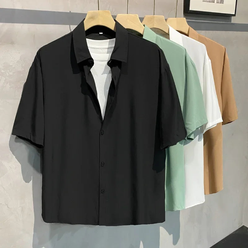 Vintage-Style Draped Short-Sleeve Shirt— Easy-Care Camp Collar, Relaxed Fit, No-Iron Look
