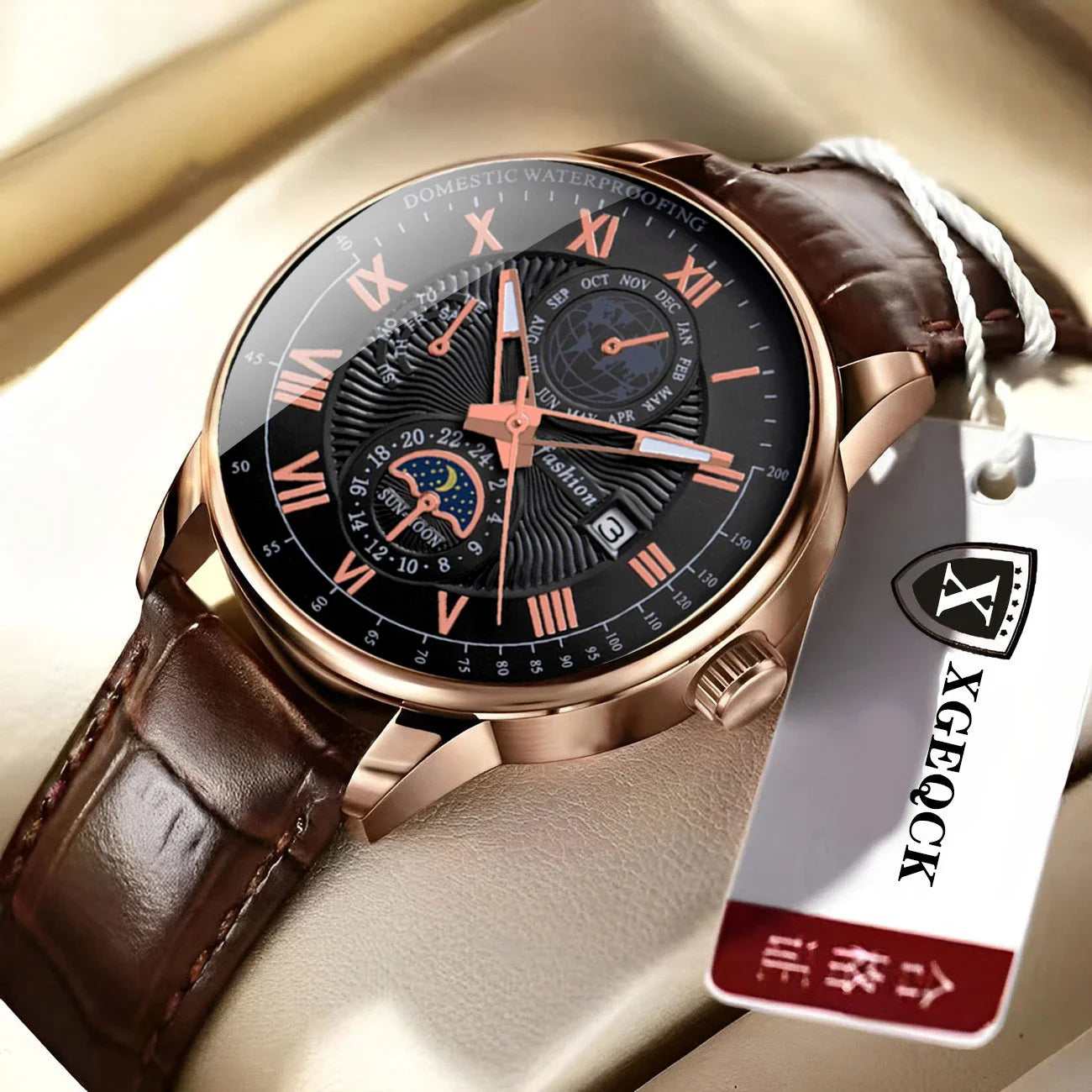 Luminous Multi-Subdial Quartz Dress Watch with Leather Strap, Round Case