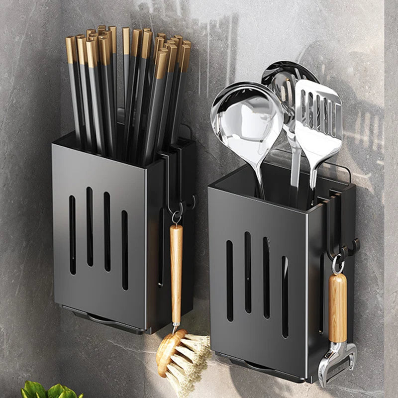 Wall-Mounted Kitchen Utensil Rack with Drain Tray – Multifunctional Cutlery Storage