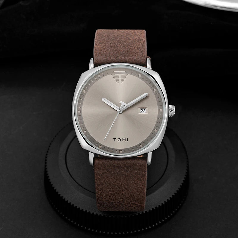 TOMI Minimalist Numberless Quartz Watch with Round Case and Brown PU Strap