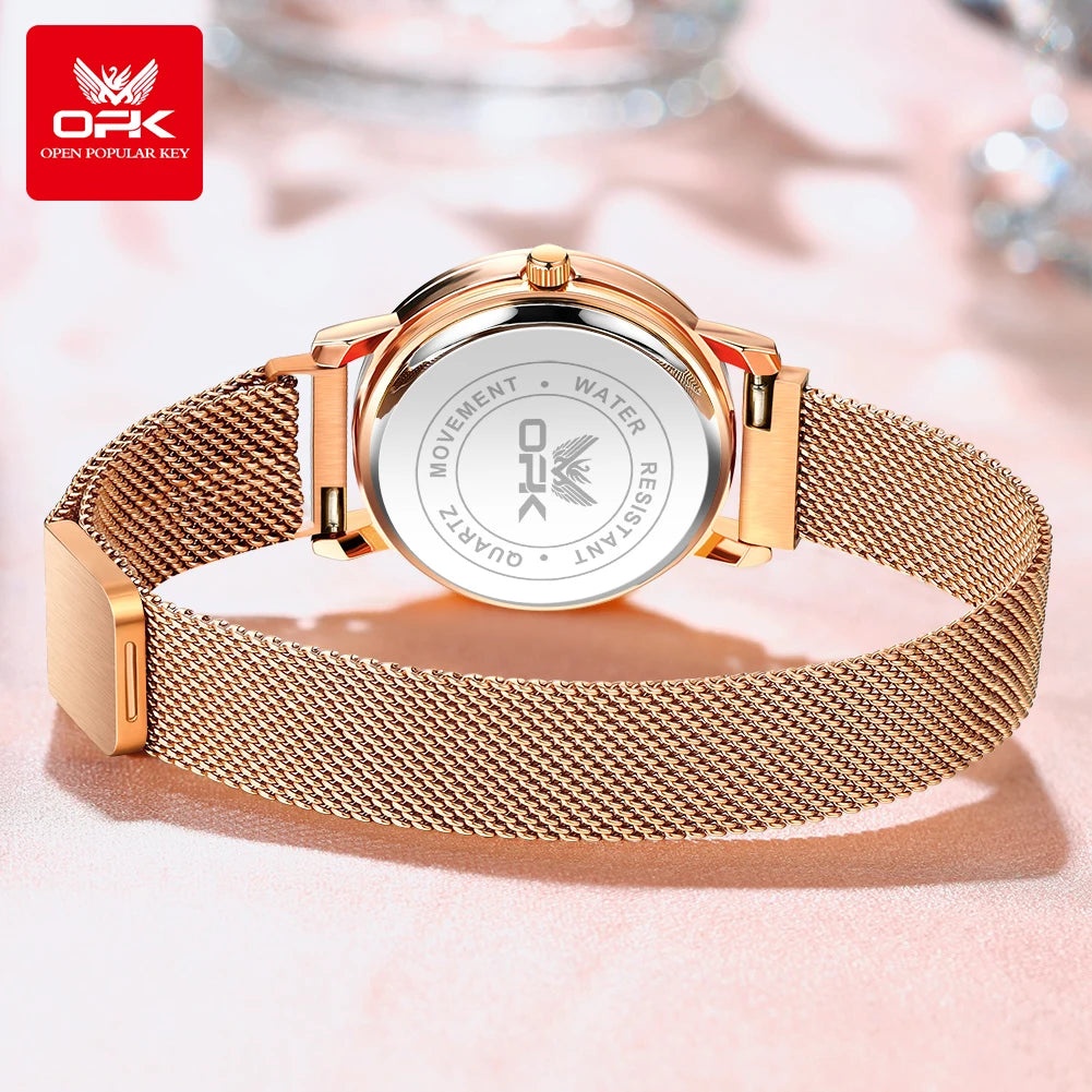 Women's Fashion Quartz Watch – Rose Gold Stainless Steel Mesh, Waterproof, Luminous Dial