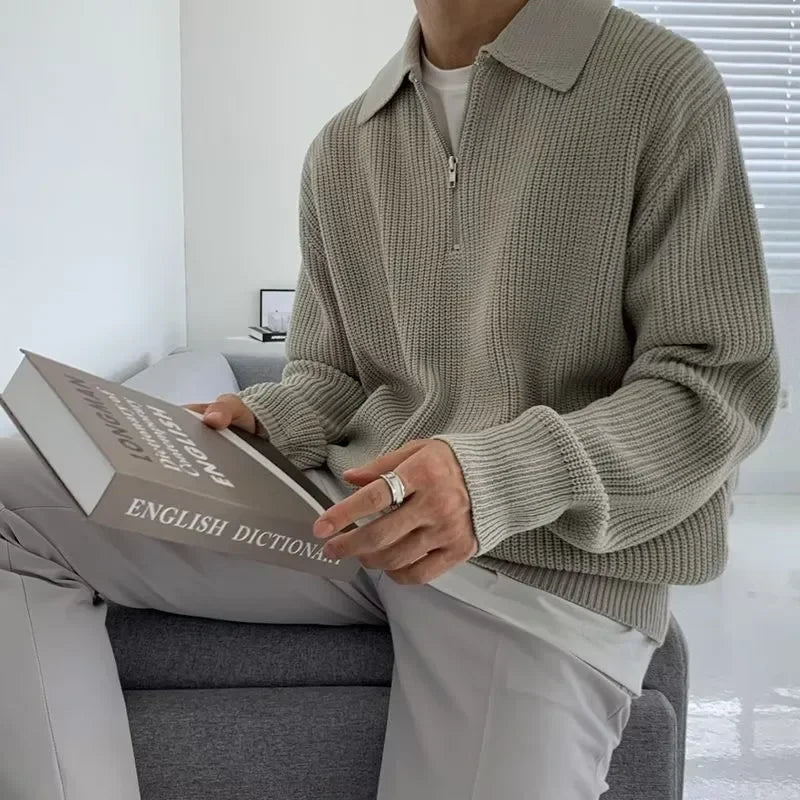 Men’s Half-Zip Lapel Sweater — Japanese Vintage Style, Loose Fit