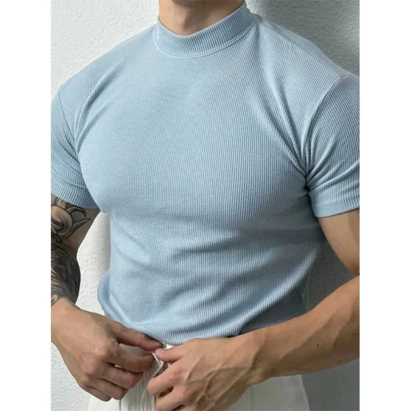 Men’s Quick-Dry Ribbed High-Collar T-Shirt — Breathable Knit, Short Sleeve