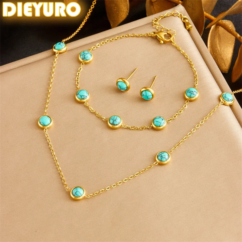 Women's Jewelry Set – Turquoise Round Necklace, Bracelet & Earrings, Elegant Party Style