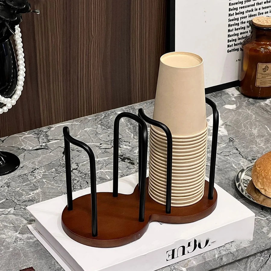 Disposable Cup Storage Holder – Wooden Base Organizer Rack