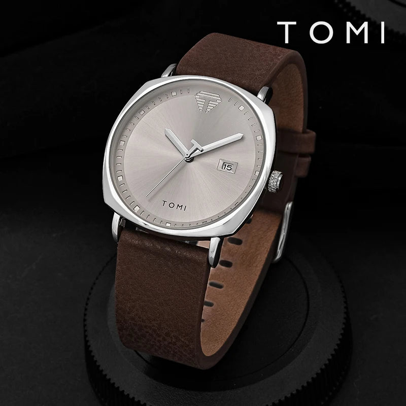 TOMI Minimalist Numberless Quartz Watch with Round Case and Brown PU Strap
