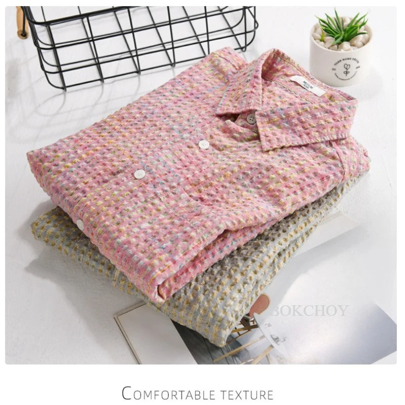 Men’s Bubble-Yarn Checkered Short-Sleeve Shirt – Slim Fit, Full-Button, Turn-Down Collar