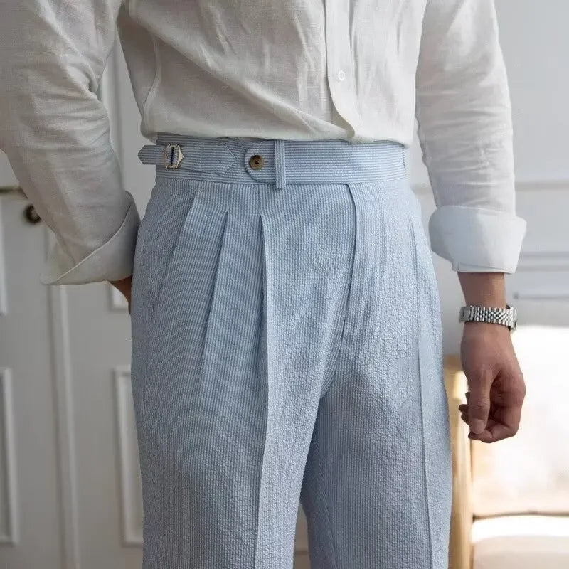 High-Quality Harajuku Slim Fit Draped Suit Pants for Men – Tapered Ankle “Small Foot”, Blue