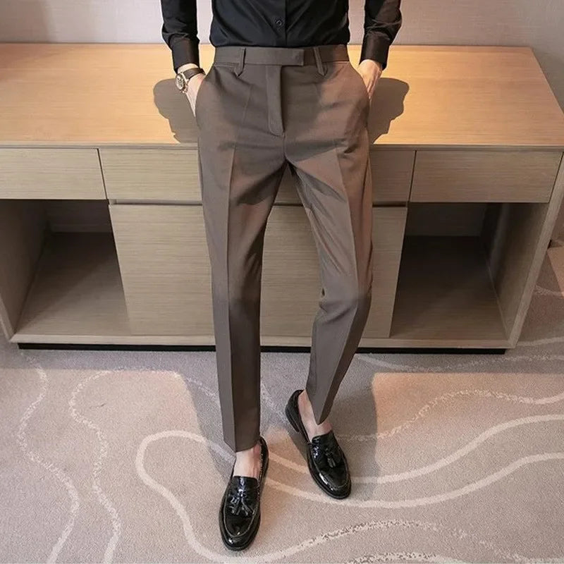Men’s Coffee/Brown Tailored Suit Pants – Slim Tapered “Small-Foot” Ankle-Length