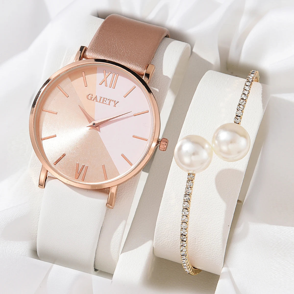 Women's Luxury Quartz Watch Set – PU Leather Strap with Bracelet, Elegant and Fashionable