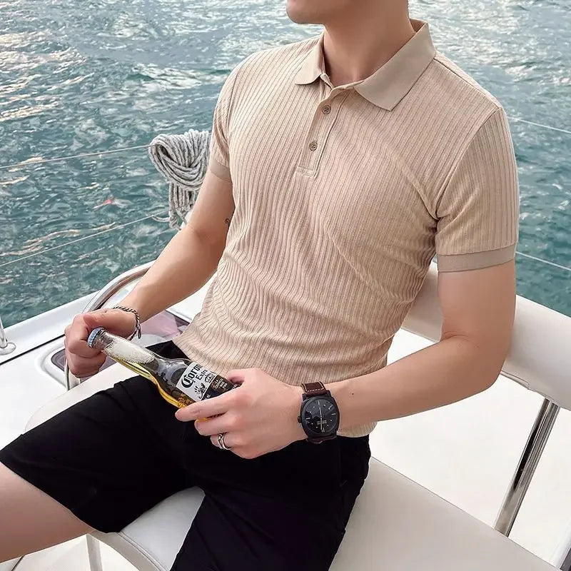 Men’s Ice-Silk Half-Sleeve Polo – Ribbed Knit, Smart-Casual Lapel, Lightweight Summer