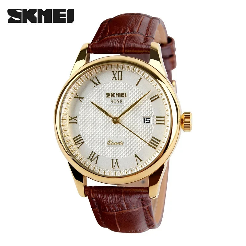 Classic Gold-Tone Leather Strap Quartz Dress Watch by SKMEI 9058