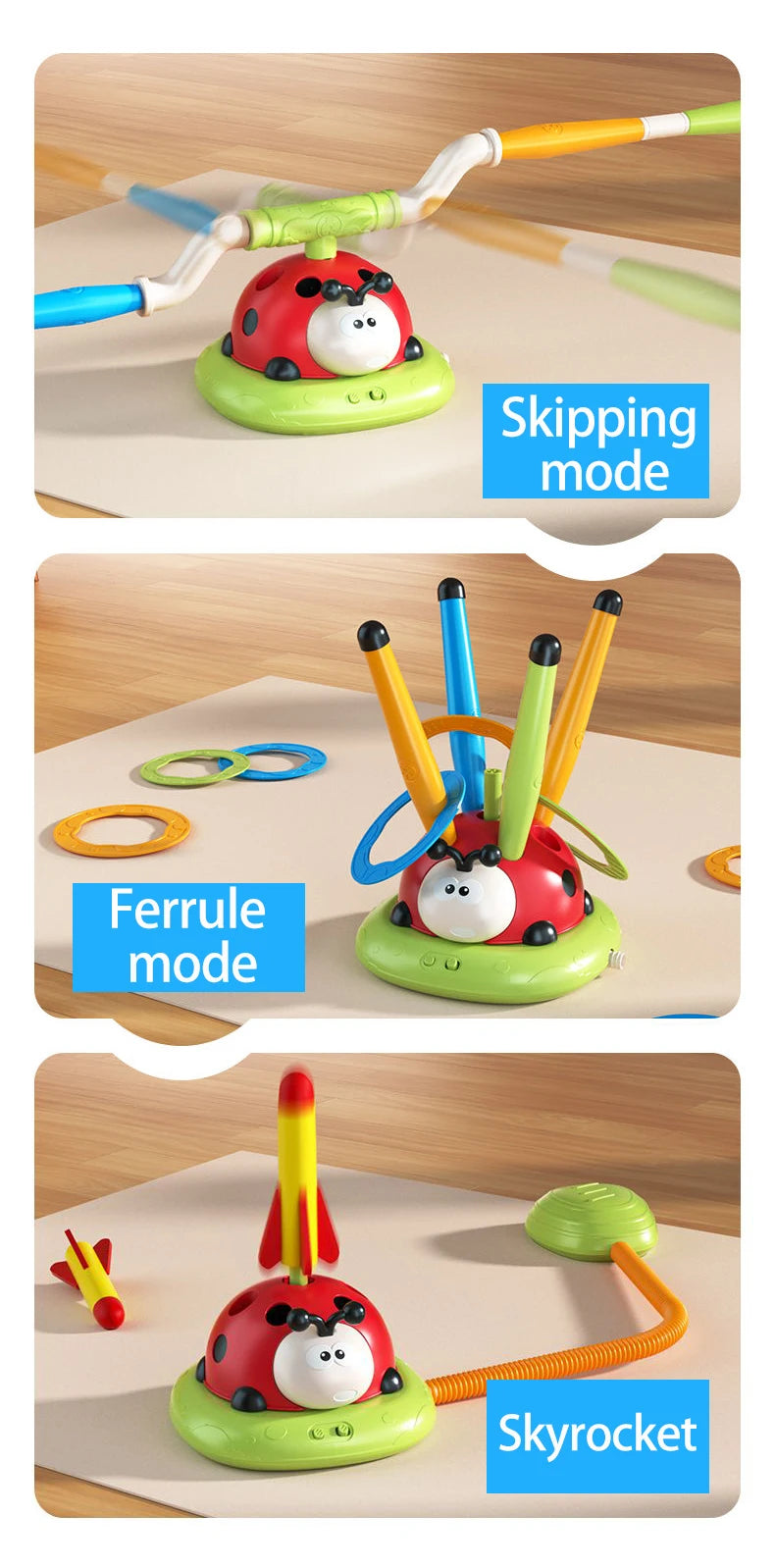 3 in 1 Ladybug Toy – Jump Rope, Rocket Launcher & Ring Toss Game