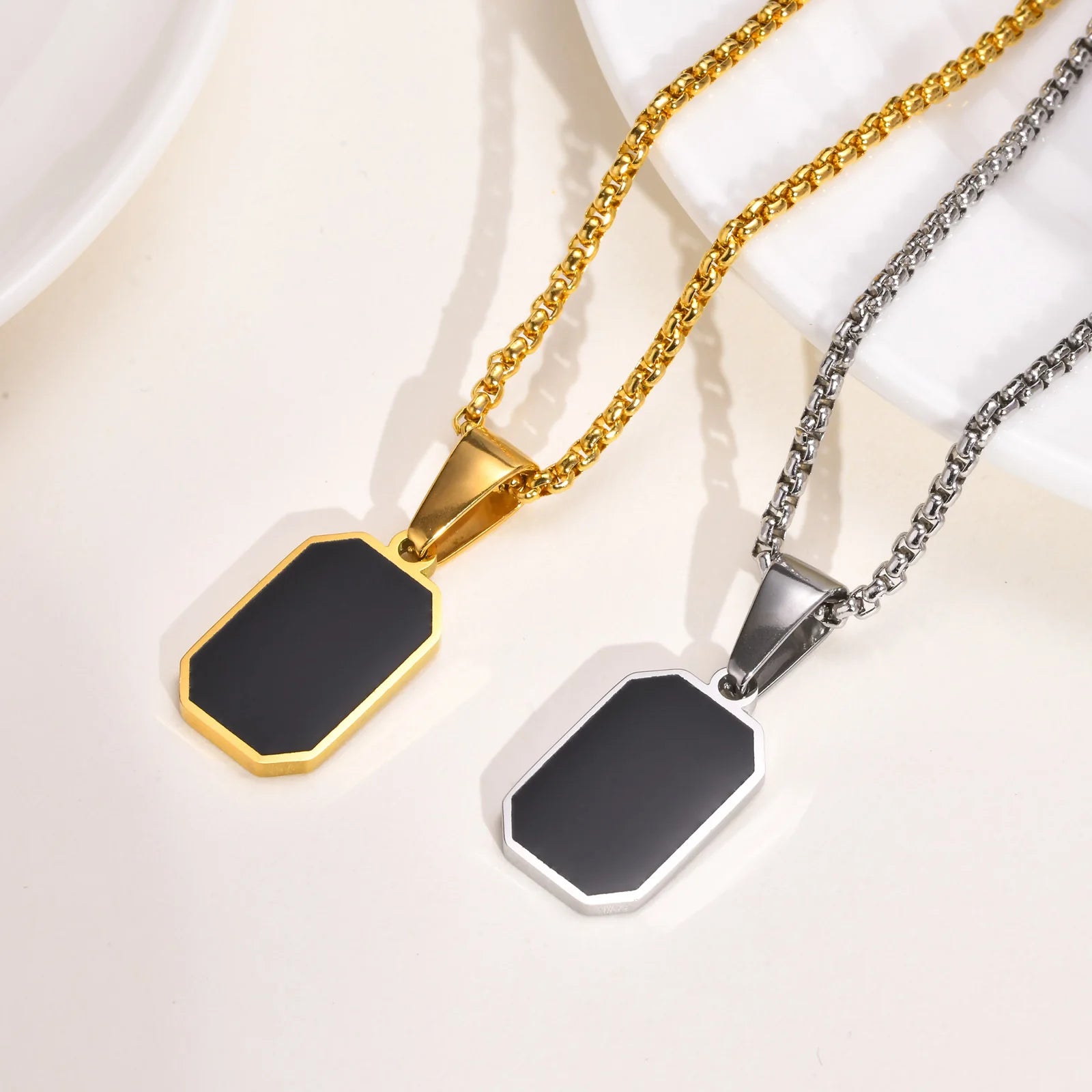 Men’s Geometric Black-Enamel Rectangle Pendant Necklace – Gold-Tone Rope/Box Long Chain
