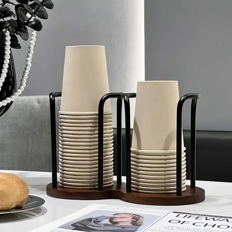 Disposable Cup Storage Holder – Wooden Base Organizer Rack