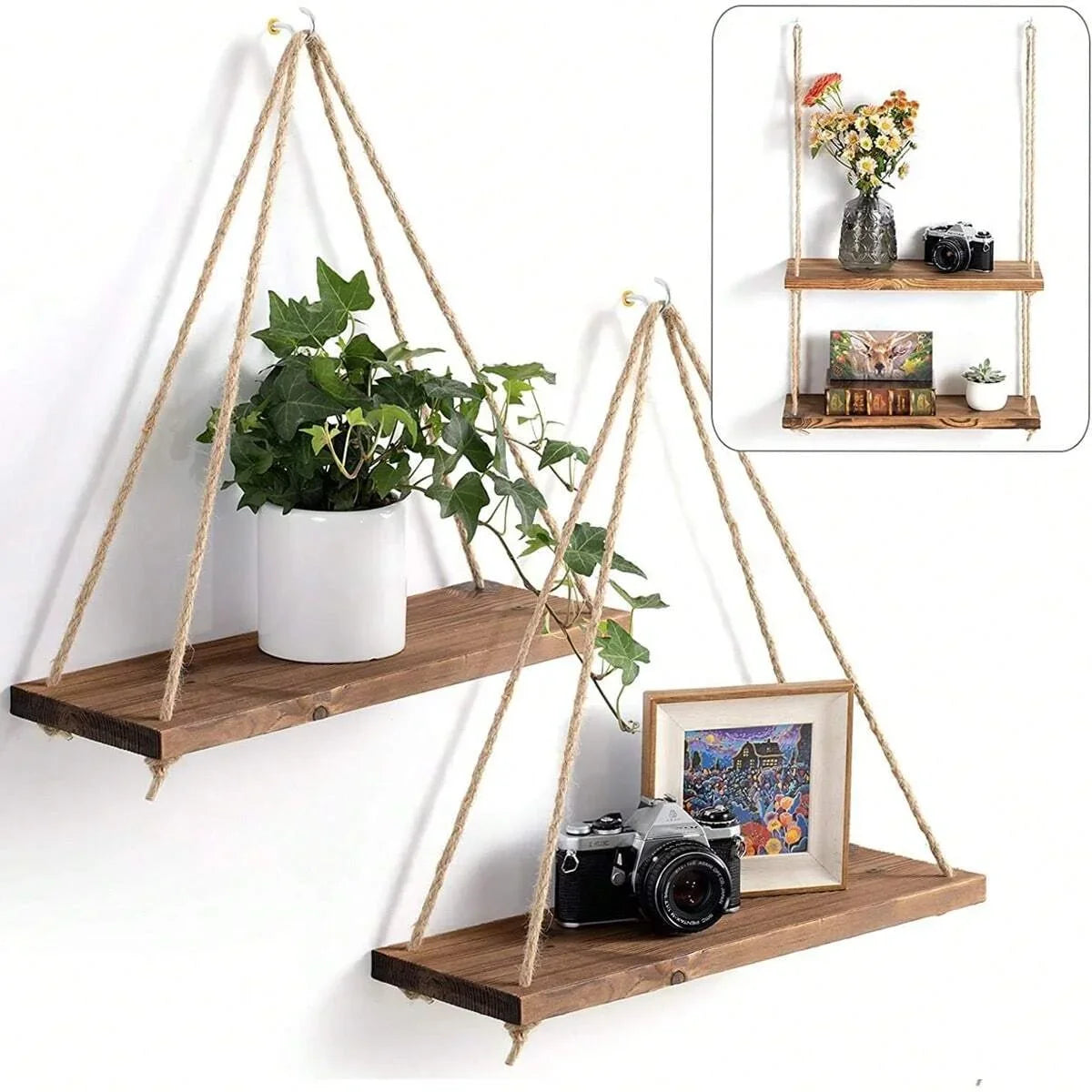 Wooden Swing Rope Wall Shelf – Hanging Floating Storage for Home & Garden