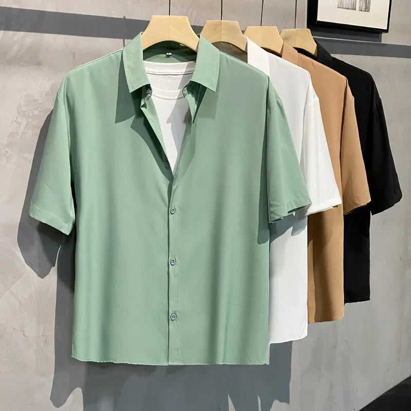 Vintage-Style Draped Short-Sleeve Shirt— Easy-Care Camp Collar, Relaxed Fit, No-Iron Look
