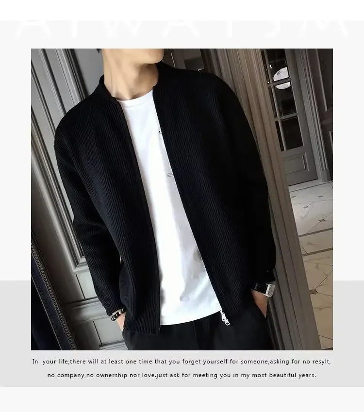 Men’s Autumn/Winter Solid-Color Knit Zip Cardigan — Casual Thick Crew-Neck Sweater (M–3XL)