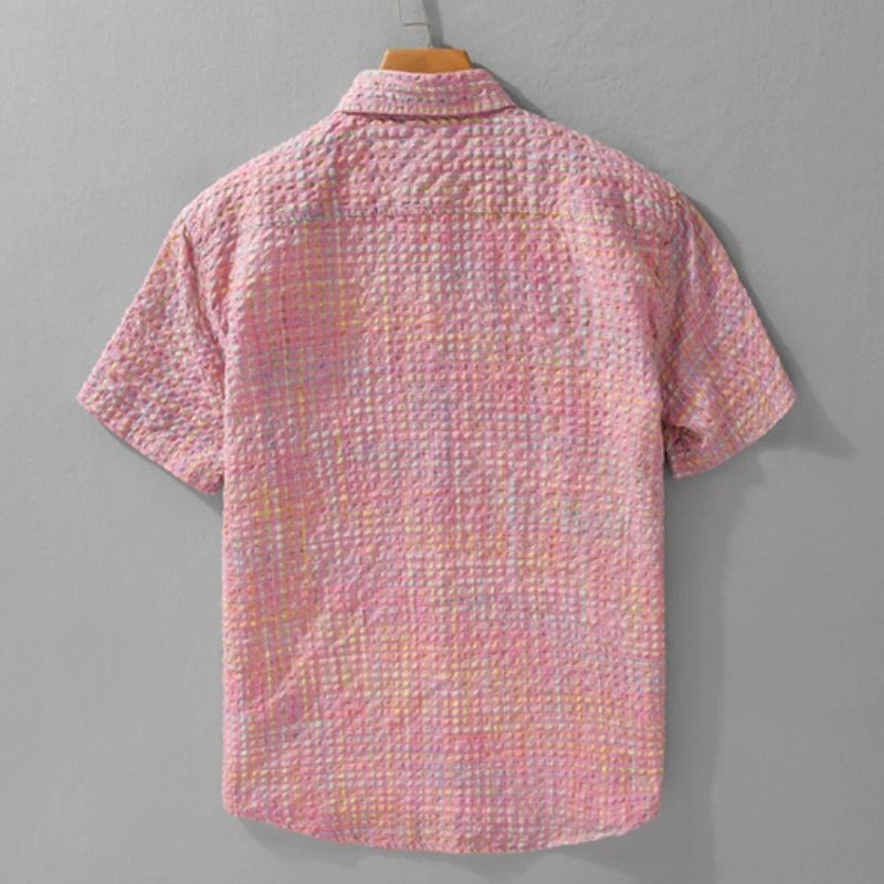 Men’s Bubble-Yarn Checkered Short-Sleeve Shirt – Slim Fit, Full-Button, Turn-Down Collar