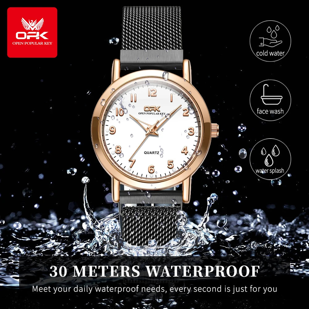 Women's Fashion Quartz Watch – Rose Gold Stainless Steel Mesh, Waterproof, Luminous Dial