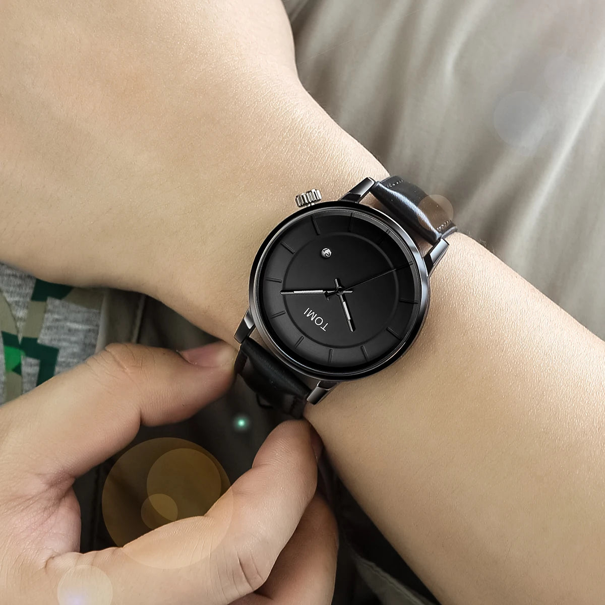 TOMI Minimal Black Dial Leather Quartz Watch