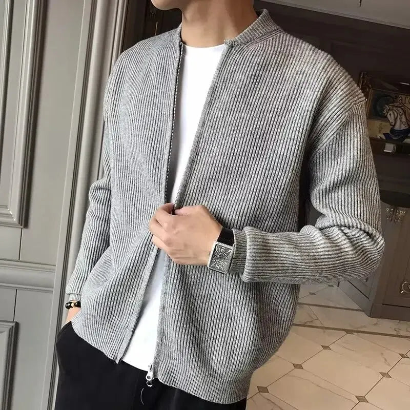 Men’s Autumn/Winter Solid-Color Knit Zip Cardigan — Casual Thick Crew-Neck Sweater (M–3XL)