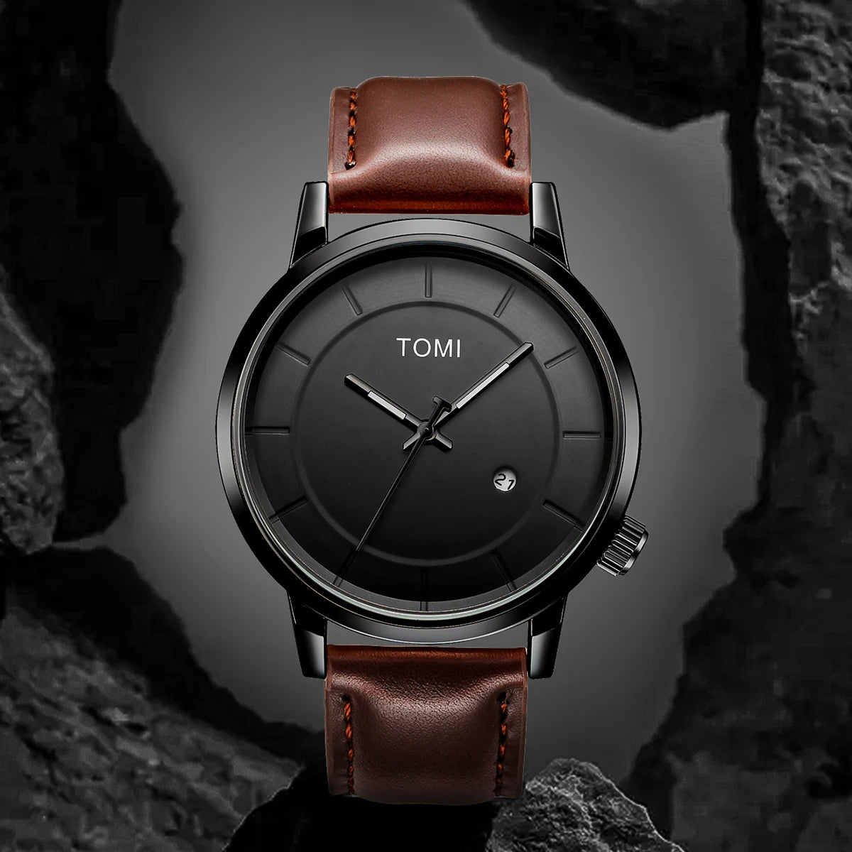 TOMI Minimal Black Dial Leather Quartz Watch