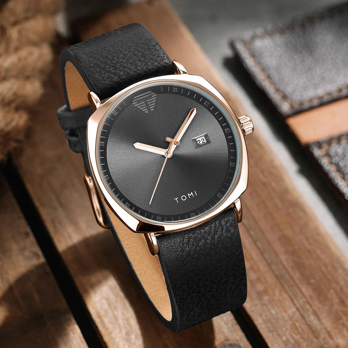 TOMI Minimalist Numberless Quartz Watch with Round Case and Brown PU Strap