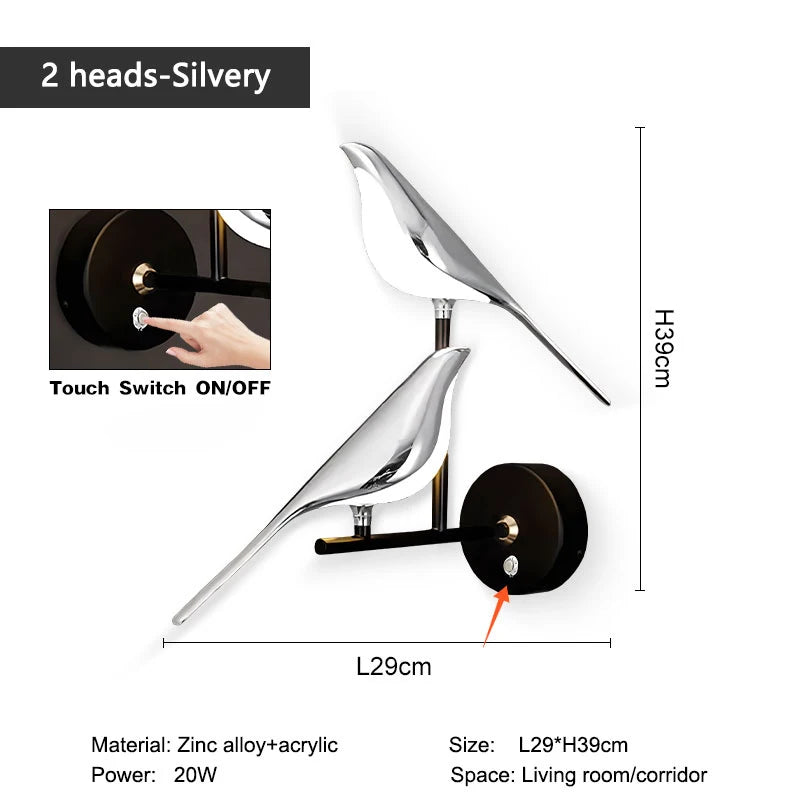 Nordic Touch LED Wall Lamp – Bird Design Gold/Silver Decorative Light