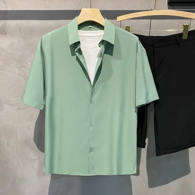 Vintage-Style Draped Short-Sleeve Shirt— Easy-Care Camp Collar, Relaxed Fit, No-Iron Look