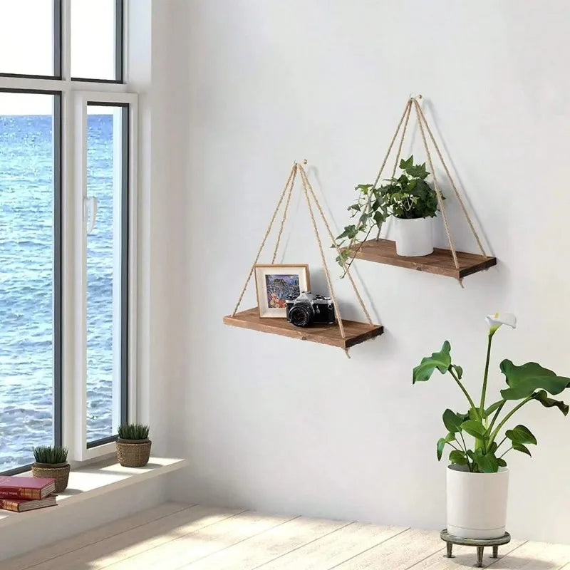 Wooden Swing Rope Wall Shelf – Hanging Floating Storage for Home & Garden