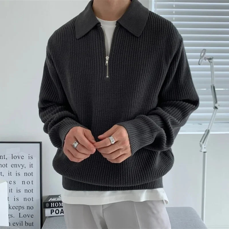 Men’s Half-Zip Lapel Sweater — Japanese Vintage Style, Loose Fit